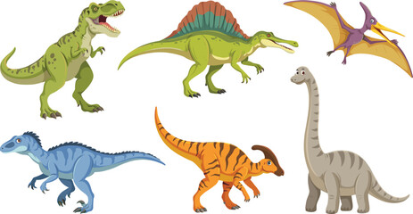 Dinosaur vector character illustration set with cartoon prehistoric reptiles including tyrannosaurus rex pterodactyl spinosaurus and brachiosaurus for kids ancient history design © HazelQueen
