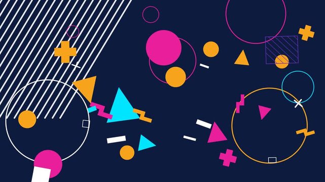 Vibrant abstract geometric shapes on a dark blue background, featuring circles, triangles, and lines in a retro Memphis style.