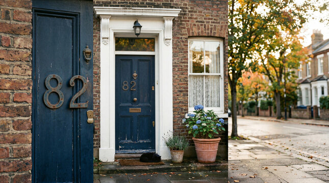 Traditional blue front door house number 82 with black cat and autumn street