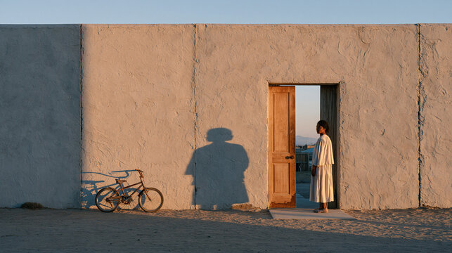 Concrete border barrier casting a long late-morning shadow across a split neighborhood, a child's bicycle leaning against the wall on one side, a woman's silhouette visible on the