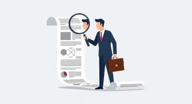 Businessman standing on long document and using magnifying glass