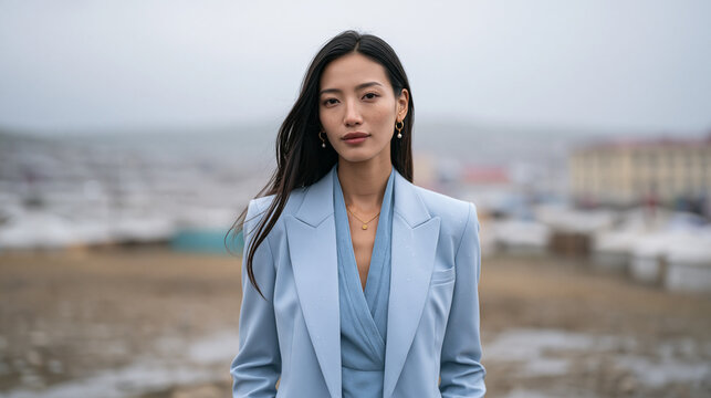 Young Mongolian woman in contemporary Ulaanbaatar wearing a modernized deel garment paired with professional blazer, walking rain-soaked city streets past traditional ger