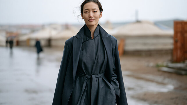 Young Mongolian woman in contemporary Ulaanbaatar wearing a modernized deel garment paired with professional blazer, walking rain-soaked city streets past traditional ger