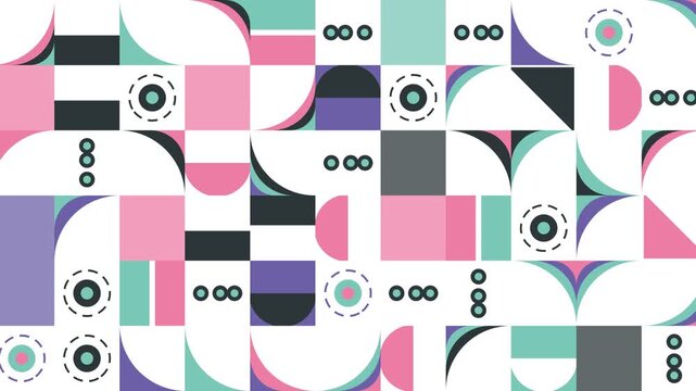 Abstract geometric pattern with colorful squares, circles, and arcs in a modern, minimalist design.