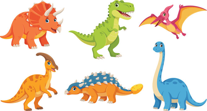 Cute cartoon dinosaurs vector illustration set with t-rex triceratops pterodactyl ankylosaurus and brachiosaurus characters for children wild animal design.