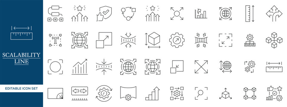 Scalability Line Icons Set, Business Growth Expansion Performance Optimization Cloud Infrastructure Capacity Scaling Editable Stroke Vector Collection