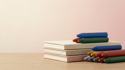 Obraz premium Colorful pens and stacked notebooks on a wooden desk.