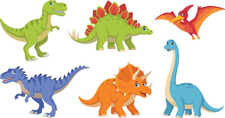 Cute cartoon dinosaurs vector illustration set with t-rex triceratops stegosaurus pterodactyl and brachiosaurus characters for kids prehistoric wild animal design. © HazelQueen