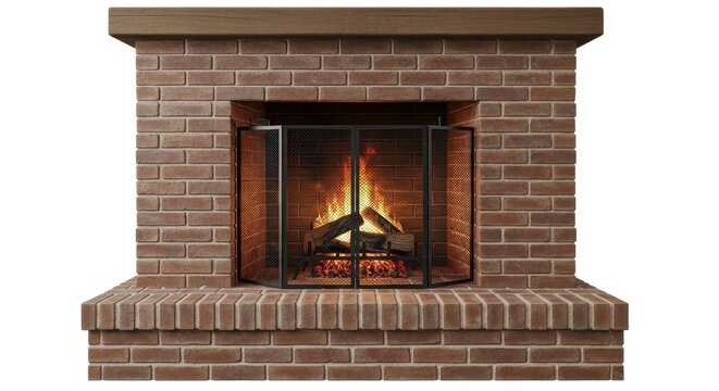A rustic brick fireplace with a wooden mantel and a black metal fire screen, featuring a warm, glowing fire inside, isolated on white background