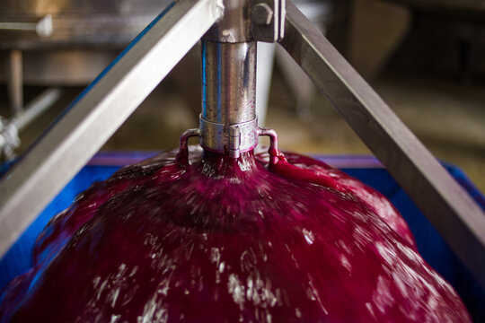 Red Wine Grape Juice Flowing Over Fermentation Tank in Winery