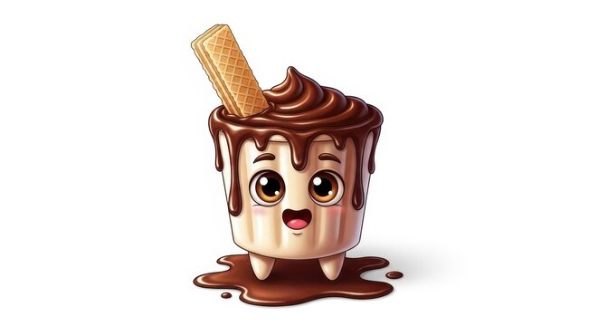 Cute cartoon character of a chocolate pudding cup with a wafer stick isolated on white background