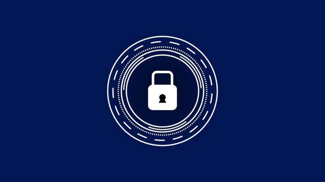 Digital padlock icon symbolizing online security, data protection, and privacy in a technological context.Animated motion graphics of a padlock with circles around it.