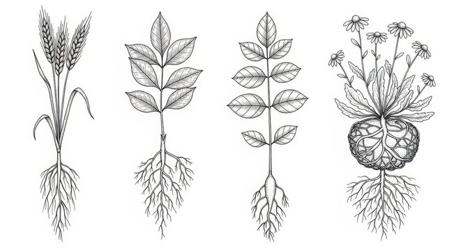 Set of handdrawn botanical plants with roots, wheat, leaves, and chamomile flowers, vintage engraving style illustration