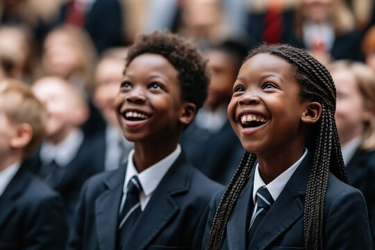 Children and students in school uniforms showing joy and excitement at an assembly