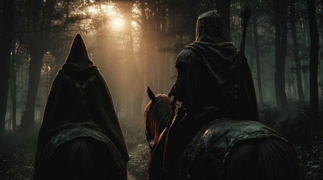 Europe medieval lifestyle. A dark, atmospheric portrayal of two figures on horseback in a dense forest. The figure on the left wears a hooded cloak with intricate designs and a chainmail helmet.