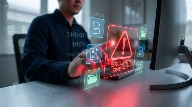 It specialist responding to critical security breach alert on digital interface with binary code and file system visualization in modern workspace