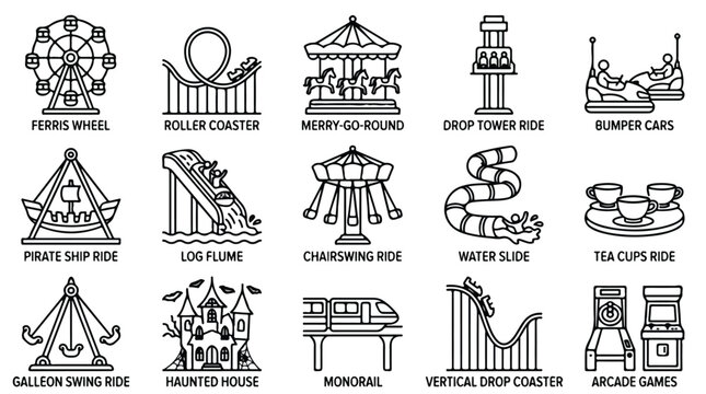 Amusement park ride icons set, 15 black line vector illustrations of fairground attractions, carnival theme park elements for map design