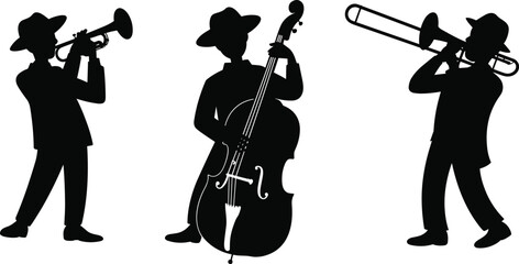 Black silhouettes set of a jazz band musicians wearing hats and playing trumpet double bass and trombone isolated on white background © Tanzila