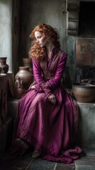 Fototapeta premium Europe medieval lifestyle. A portrait of a woman with long, wavy, reddishbrown hair, seated in an old, rustic setting. She wears a long, flowing purple dress with a high collar and cuffs.