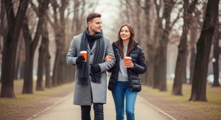 Young couple walking in a park in autumn, holding coffee cups and smiling at each other, wearing winter coats and scarves