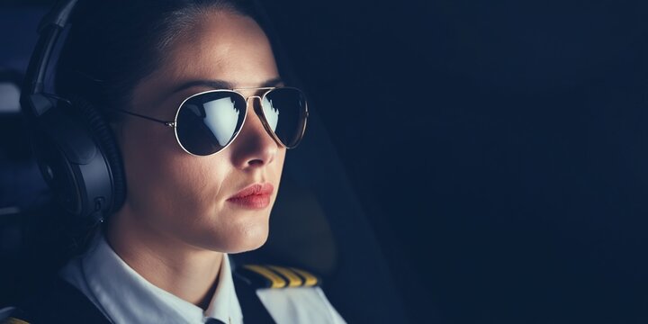 Cinematic perspective of a professional female pilot at an airfield under cloudy skies