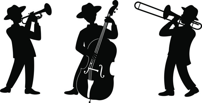 Black silhouettes set of a jazz band musicians wearing hats and playing trumpet double bass and trombone isolated on white background