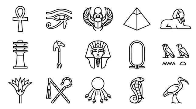 Ancient Egyptian icons set, black outline Egypt symbols vector collection, minimalist pharaoh and pyramid line art for history education