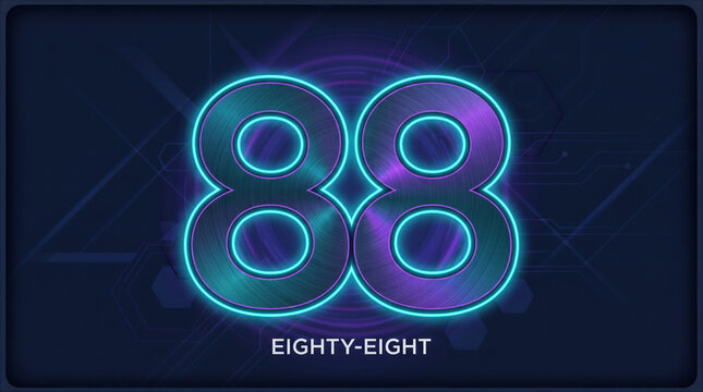 Futuristic neon number eighty-eight with glowing cyan edges on digital tech background