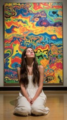 Obraz premium Serene Woman Kneeling in Art Gallery Contemplating Vibrant Abstract Painting