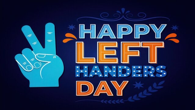 Happy Left Handers Day with a blue hand showing a peace sign, dark blue background.