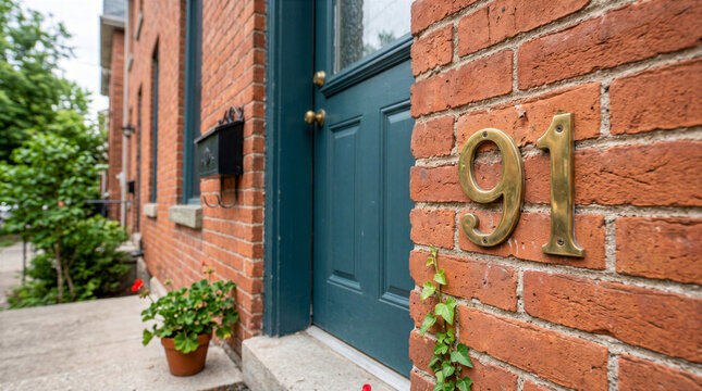 Brass House Number 91 on Red Brick Wall Near Teal Door