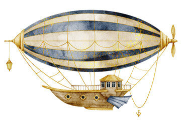 Airship watercolor illustration. Vintage dirigible with blue and gold striped body on isolated background. Decorative flying transport for travel, adventure and fantasy design. Art for nursery poster. © Alisles
