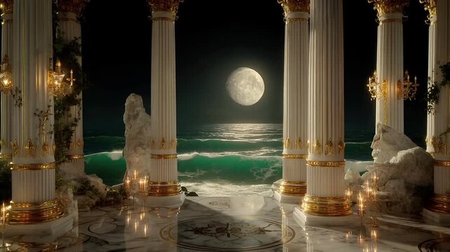 Fantasy, mysterious, wallpaper. A grand, opulent scene set in a classical or gothic setting. The main subject is a series of tall, slender, white columns with intricate gold detailing.
