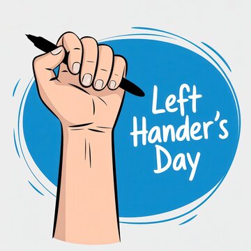 Left Hander's Day illustration with fist holding pen isolated on white background