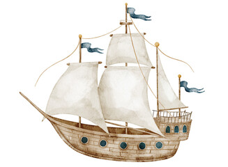 Ship watercolor illustration. Vintage sailing Galleon isolated on background. Maritime transport for nautical themes, exploration artwork and travel design projects. art for nursery posters. © Alisles