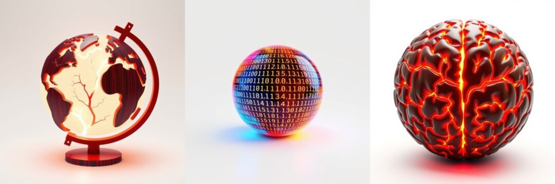 Three glowing spheres represent earth, data, brain. Each exhibits cracks suggesting fragility, disruption, potential. Red illumination dominates visuals.