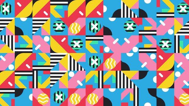 Vibrant Memphis style abstract pattern with colorful geometric shapes and stripes. Perfect for trendy graphic design and modern artistic backdrops