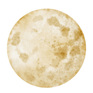 Moon watercolor illustration. Full golden moon isolated on background. Celestial night element for astronomy themes, fantasy artwork, nursery decor and cosmic design projects.