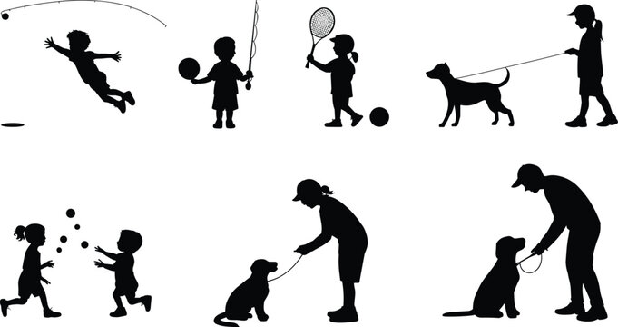 Children playing sports and walking dogs silhouette icon set including tennis, fishing, jumping, and puppy training activities