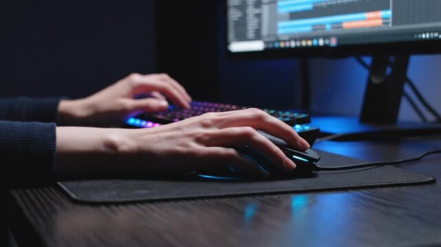 Close up of hands using a gaming mouse and RGB backlit keyboard in a dark room. Professional setup for eSports or programming with neon lighting. Ideal for technology and gaming content.