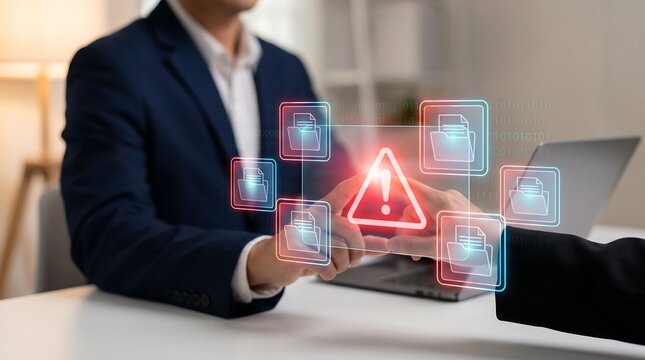 Business partners discussing security breach with holographic interface showing unauthorized document access in professional office environment for team collaboration