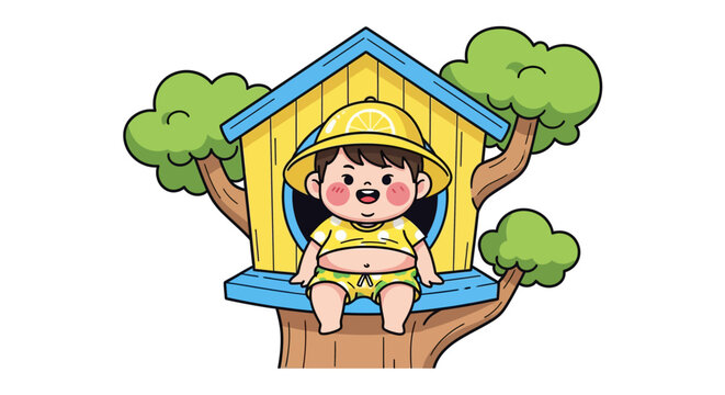 Cute Child Sitting Happily in Colorful Treehouse Window.