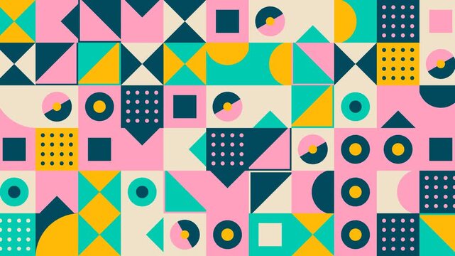 Vibrant abstract geometric pattern with squares, triangles, circles, and semicircles in pink, teal, yellow, and cream colors, creating a modern and playful design.