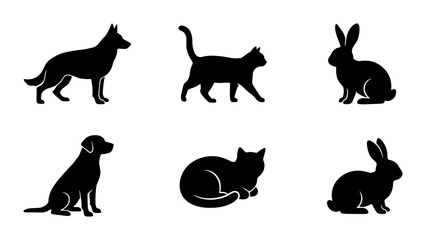 Obraz premium Silhouette Animal Icons: Dog, Cat, Rabbit Vector Set, Pet Graphics for Design