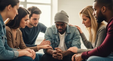 Obraz premium Diverse group of people offering support to a man in distress