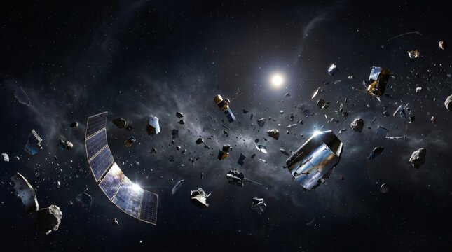 Space debris and broken satellites floating in the dark orbit of outer space.