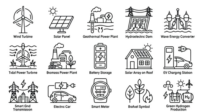 Renewable energy icon set with 15 thin line vector elements. Sustainable power generation symbols for solar, wind, and green hydrogen technology.
