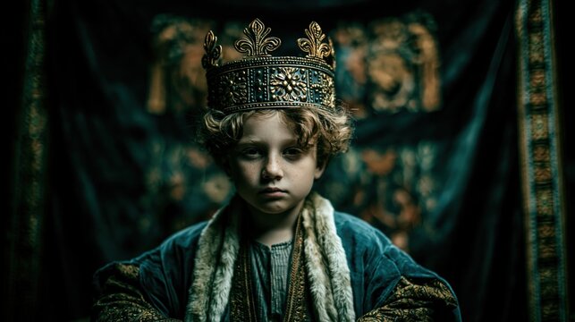 Europe medieval lifestyle. A portrait of a young child wearing a regal crown, set against a dark, textured backdrop.