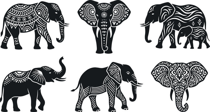 Ornamental Elephant Silhouette Collection with Tribal Patterns, Ethnic Decorative Motifs, Wildlife Family Designs, and Boho Vector Illustrations