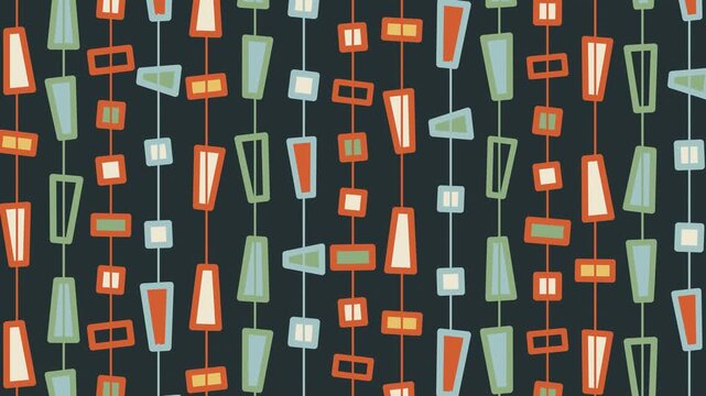 Mid-century modern abstract geometric pattern with interconnected shapes in muted orange, teal, and white on a dark background.